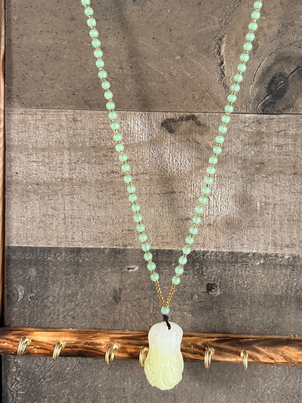 Carved Bok Choy Jade Necklace with Bead